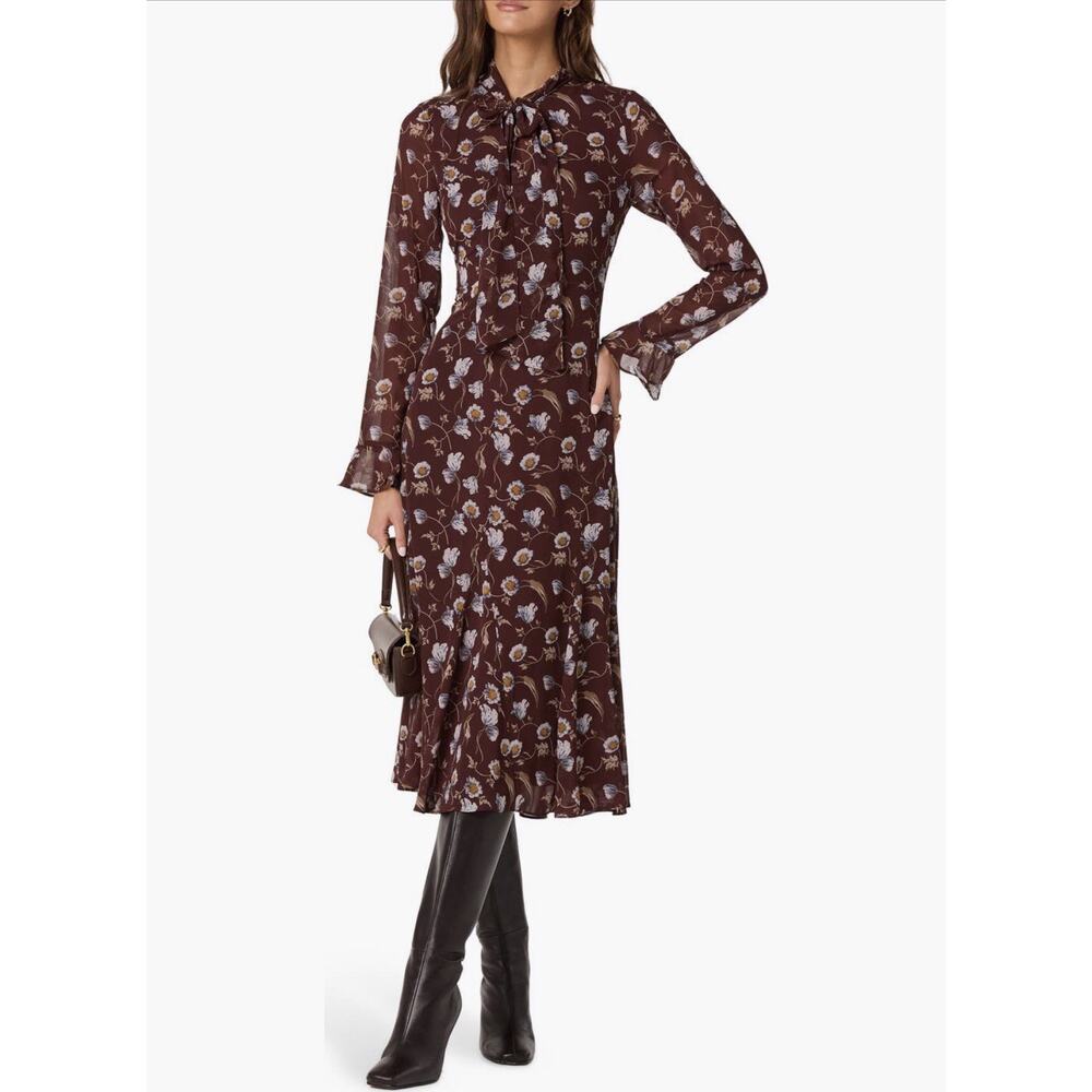 New Astr The Label Dress Small Floral Print Tie Neck Long Sleeve Midi Lined - Picture 6 of 10
